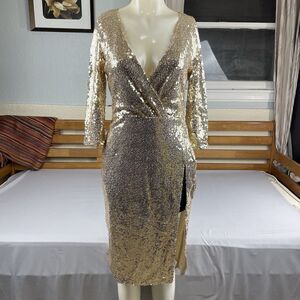 Sexy Super High Slit Sequin Dress Women's L Gold Sequin Deep V Neck Party
